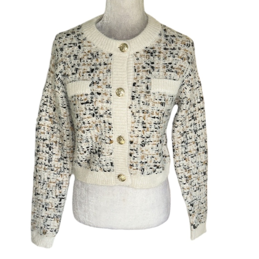 NEW Freshman 1996 Cream Tweed Fuzzy Knit Gold Crested Button Crop Cardigan - S
